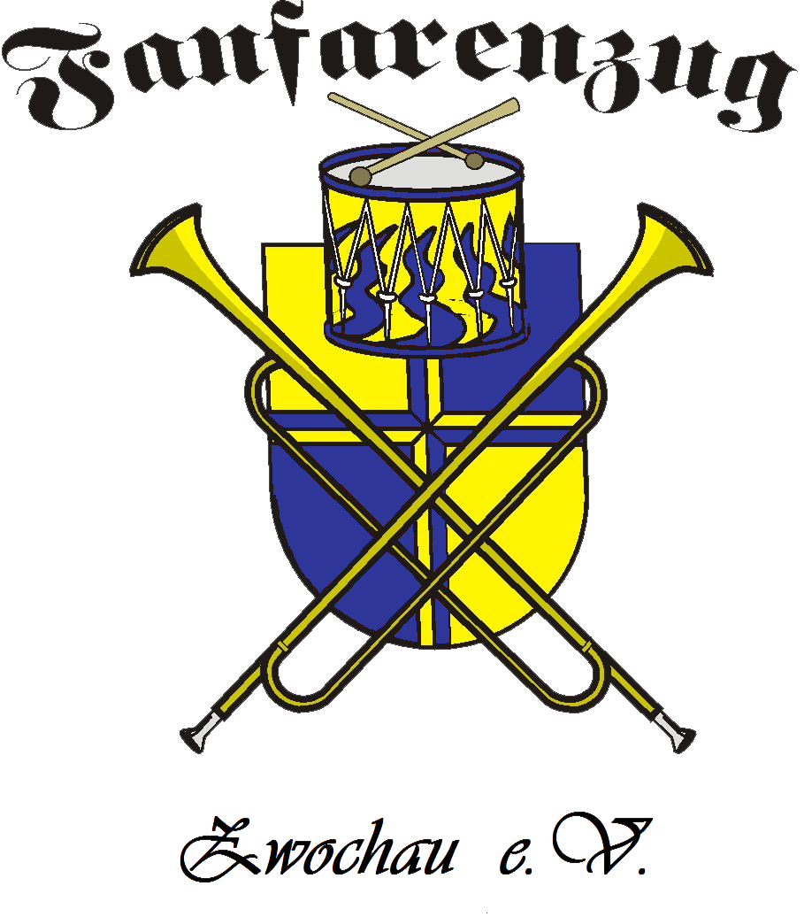 Bild zeigt Wappen des Fanfarenzuges. Zu sehen ist das gelb blaue Wappen Zwochaus, darüber kreuzen sich zwei Fanfaren.